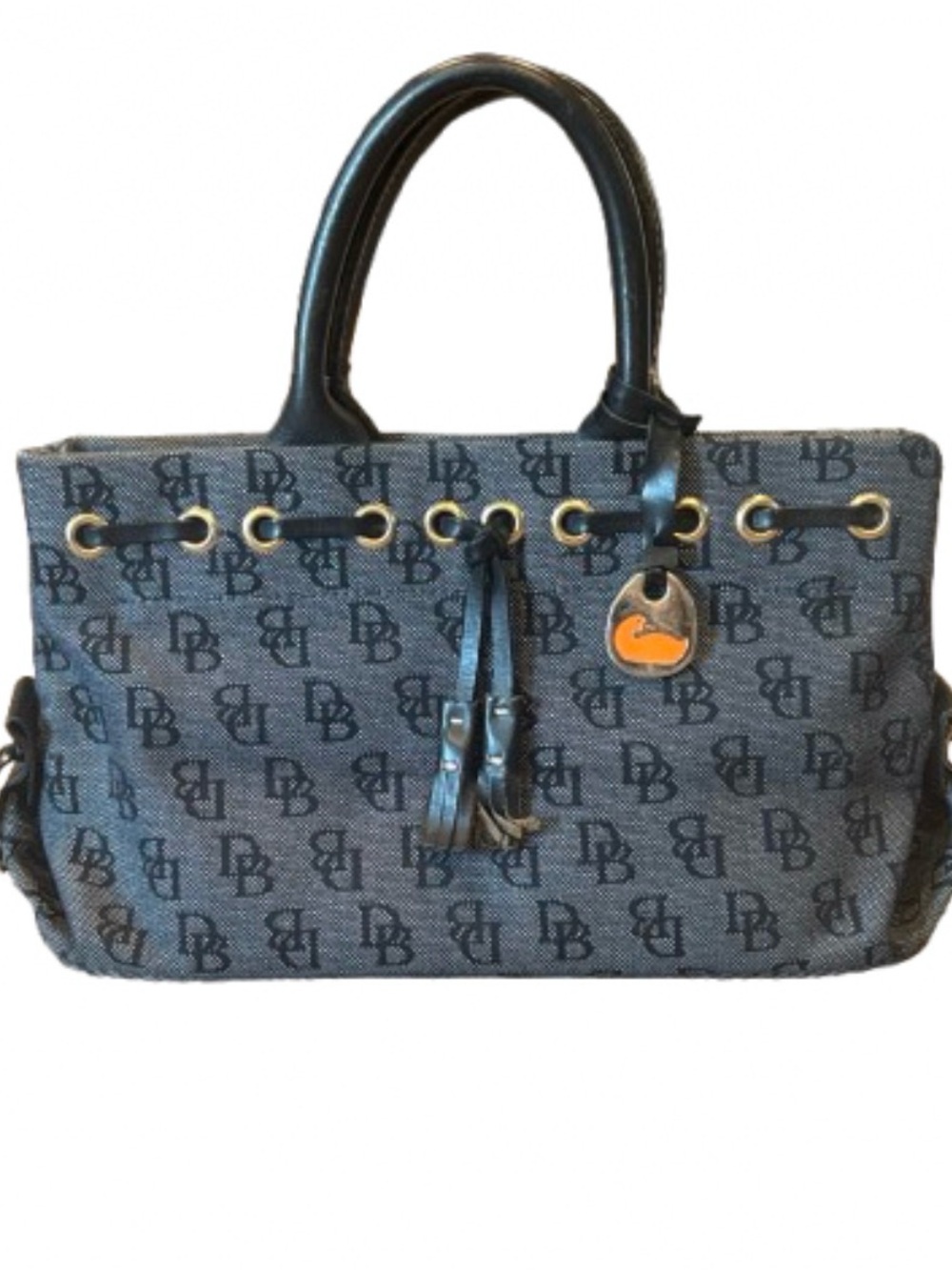 Dooney & Bourke Signature Y2K Monogram Canvas Tassel Tote Satchel Bag Black Gray